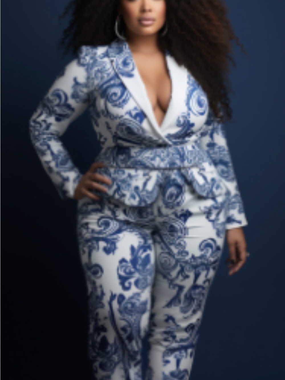 Blue & White Paisley Tailored Pantsuit